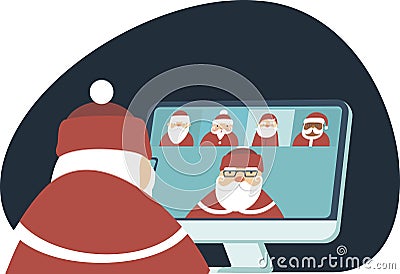 Santa Claus has a conference video call with hisÂ colleagues from all around the world. Social distancing during coronavirus covid Vector Illustration